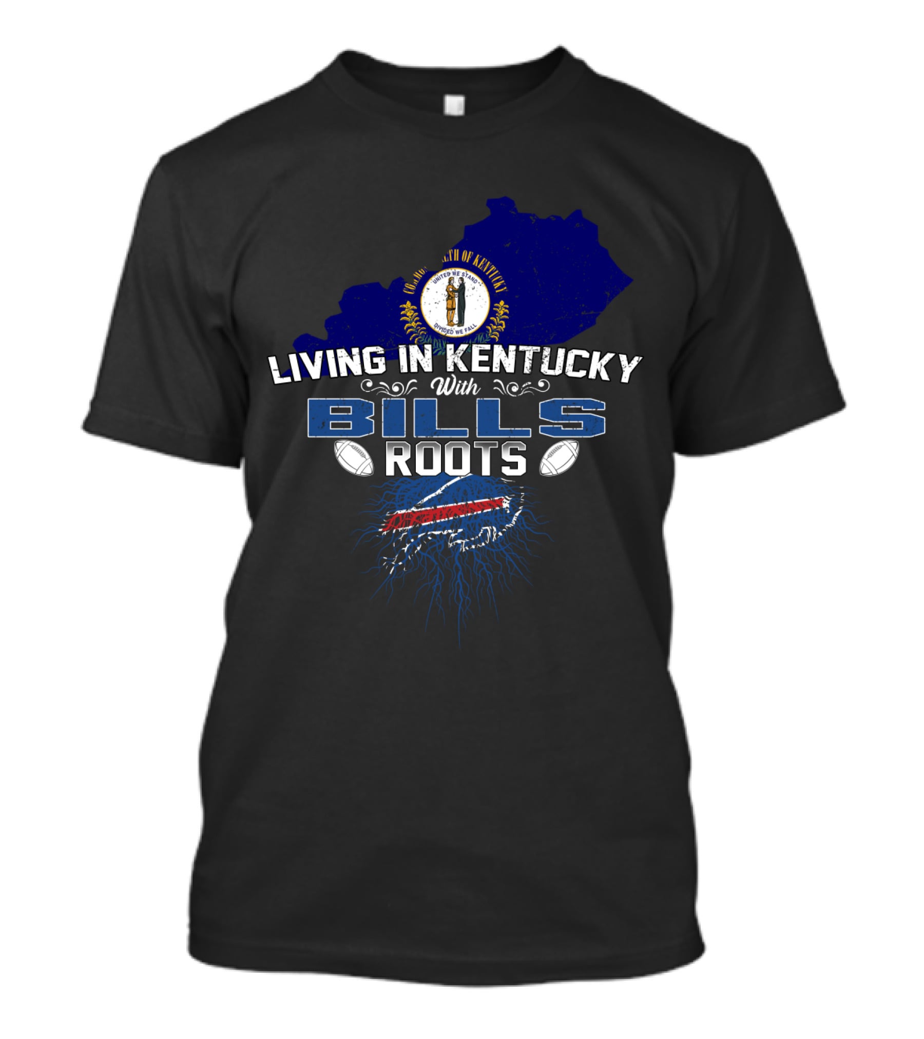 Living In Kentucky With Bills Roots Kentucky Outline Seal Football T-Shirt