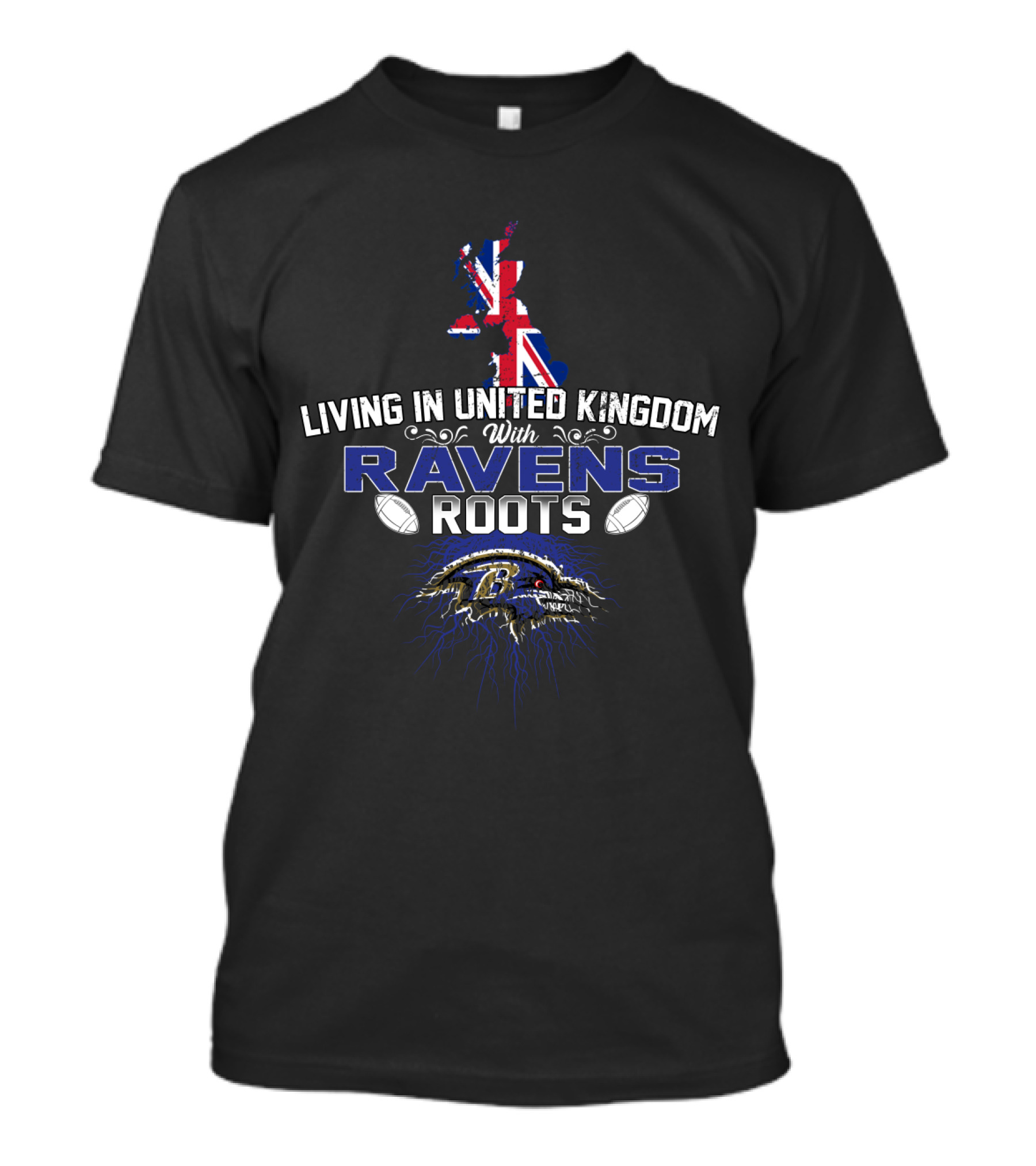 Living In United Kingdom With Ravens Roots NFL Baltimore Ravens Logo UK Flag Map T-Shirt