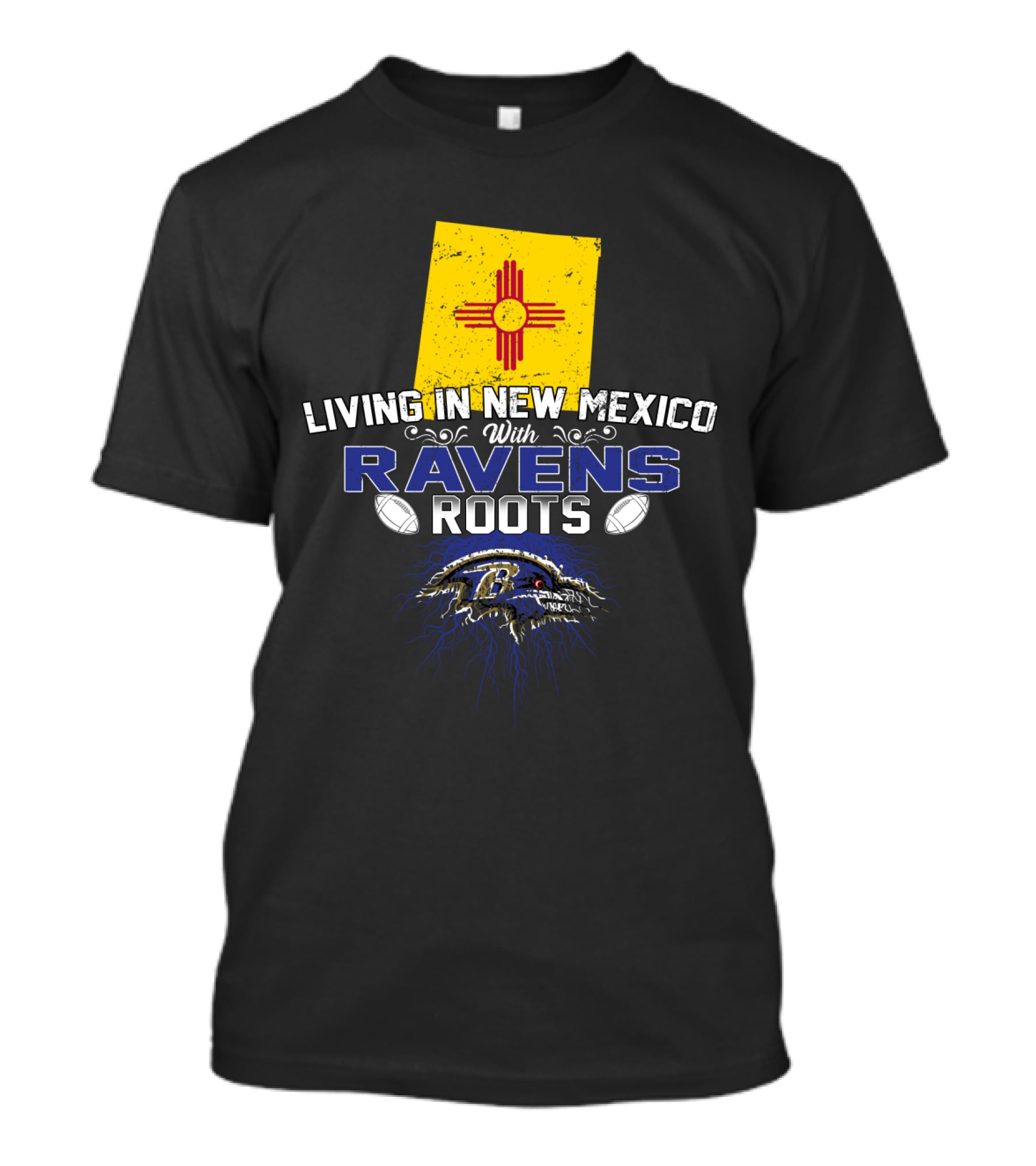 Living In New Mexico With Baltimore Ravens Roots New Mexico Flag T-Shirt