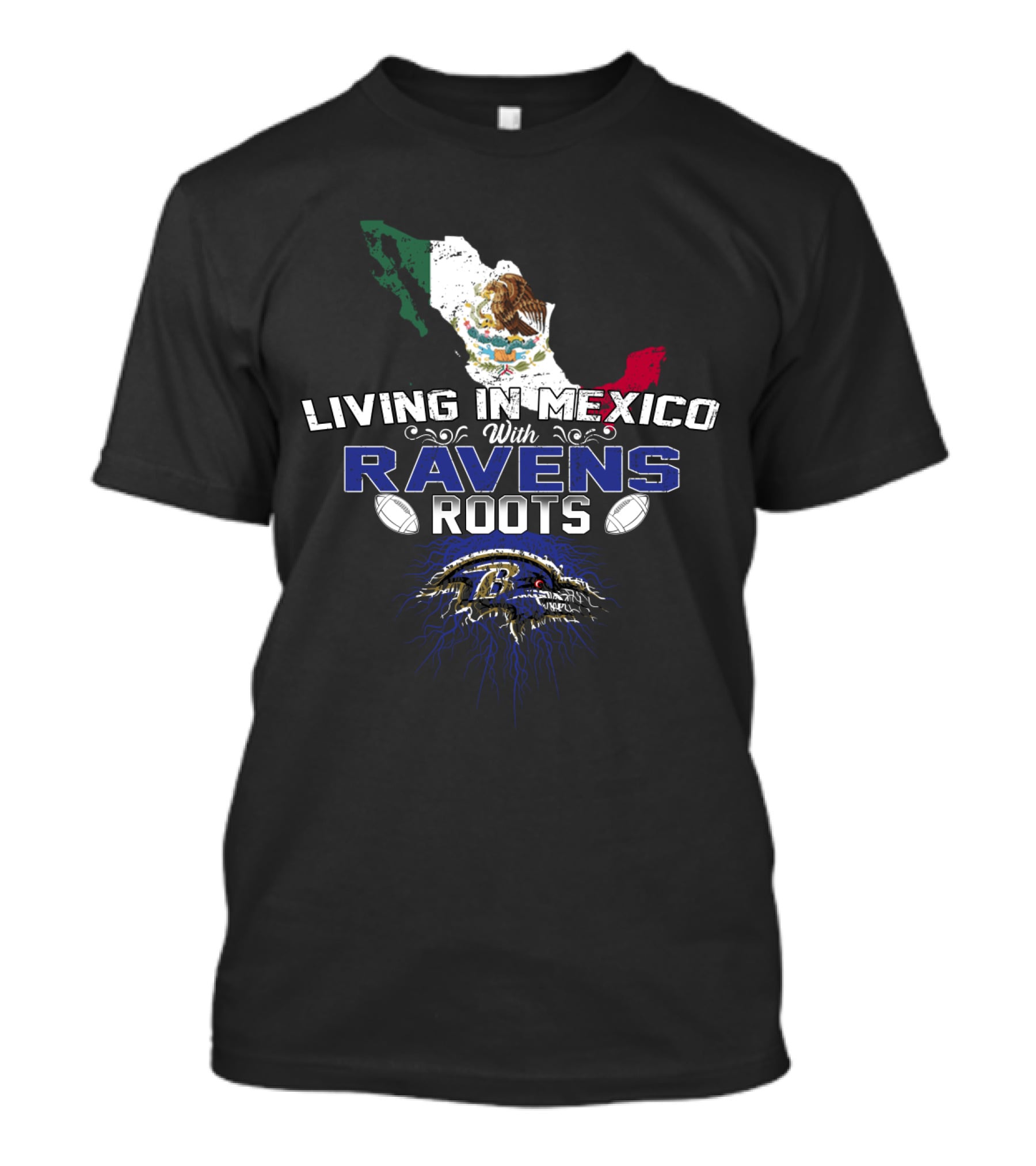 Living In Mexico With Ravens Roots NFL Football Map T-Shirt