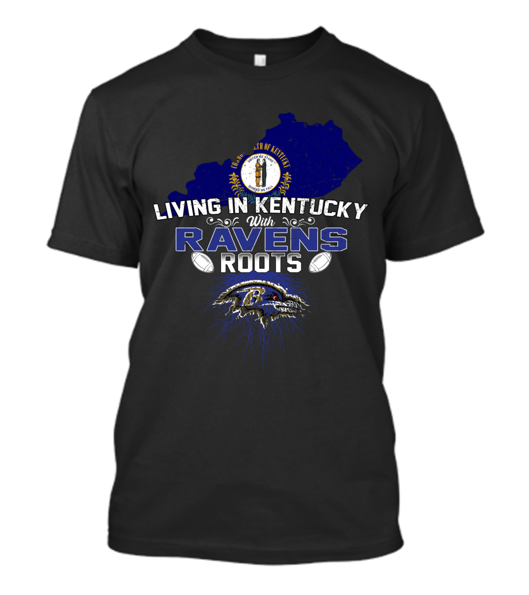 Living In Kentucky With Baltimore Ravens Roots Crest And Map T-Shirt