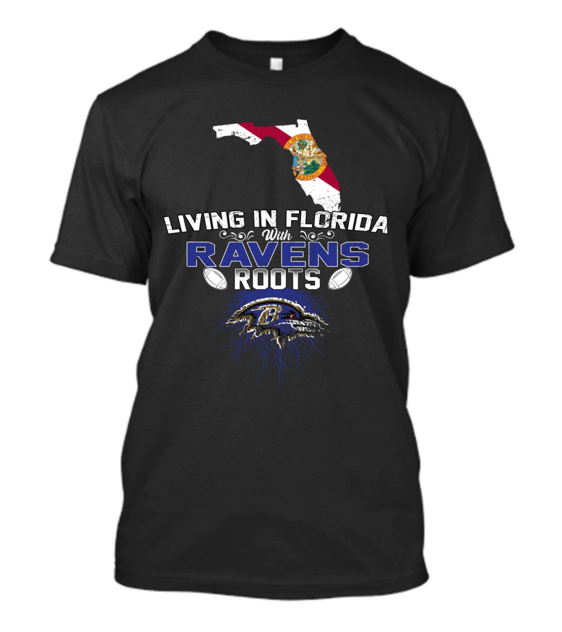 Living In Florida With Ravens Roots Baltimore Football Fan Map T-Shirt