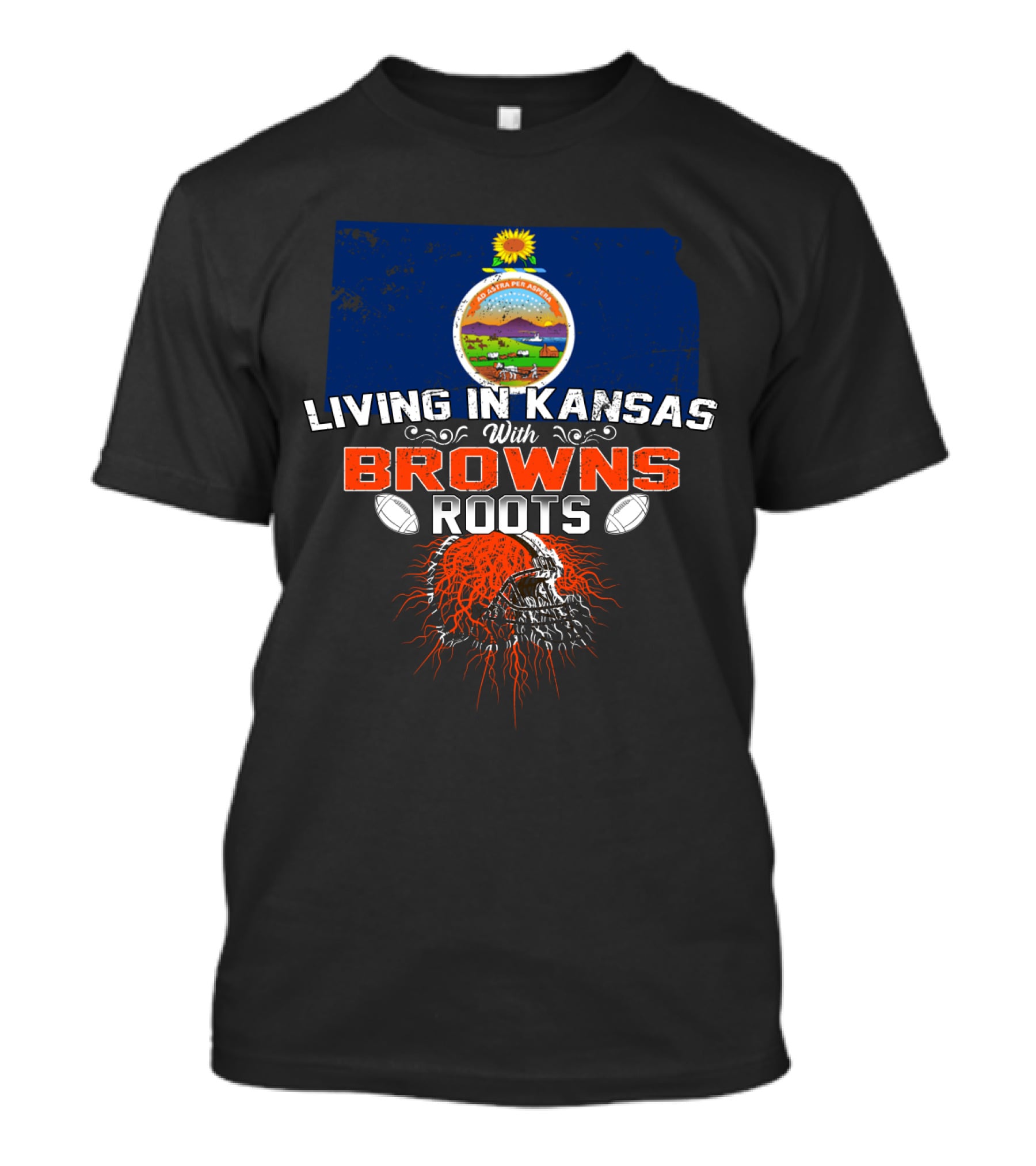 Living In Kansas With Browns Roots Kansas Map Football Helmet T-Shirt
