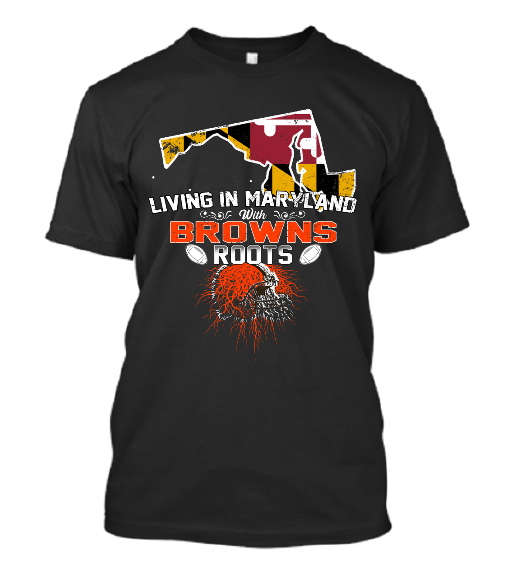 Living In Maryland With Browns Roots Football Skull Map T-Shirt
