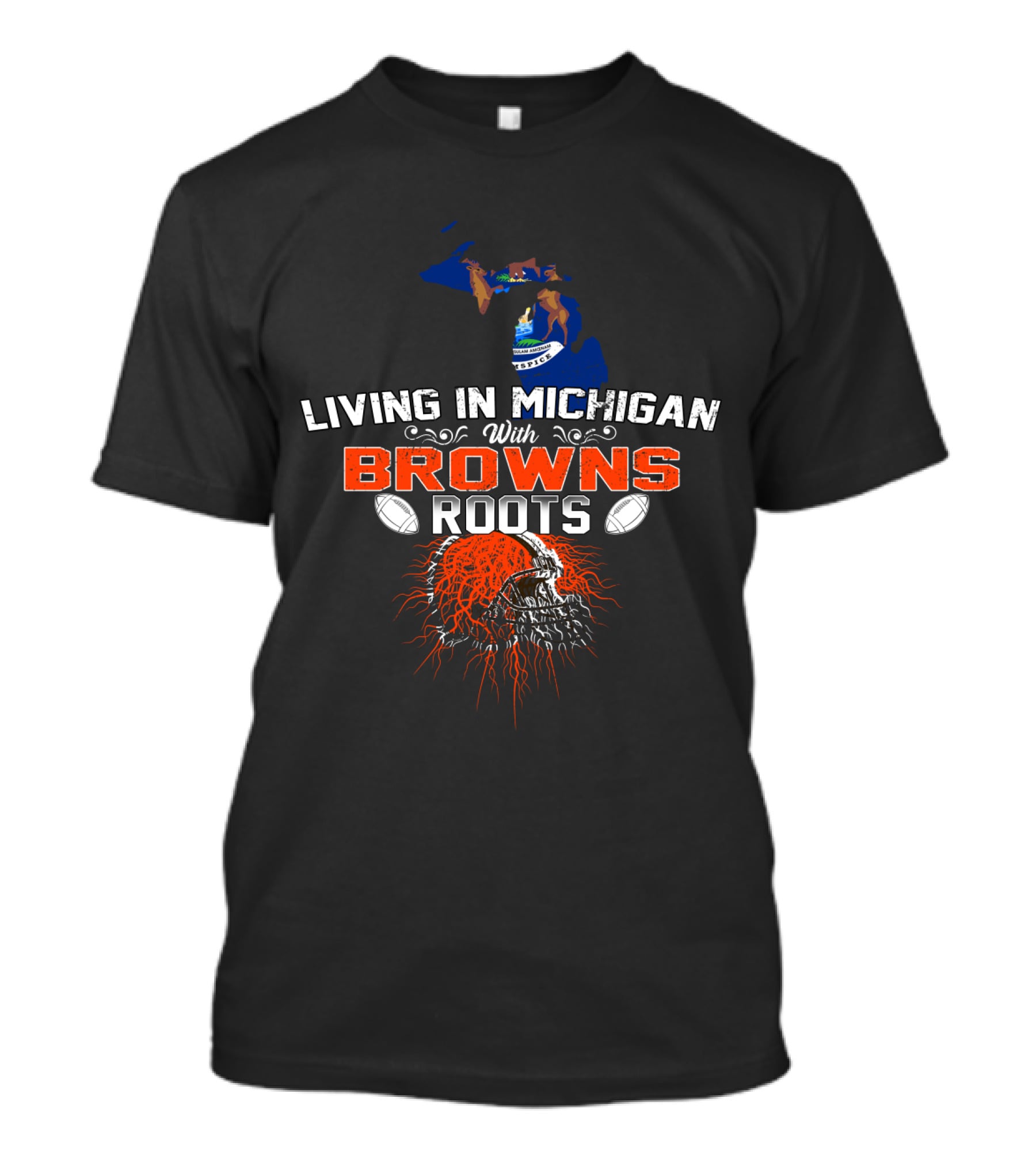 Living In Michigan With Browns Roots Football Helmet Map T-Shirt