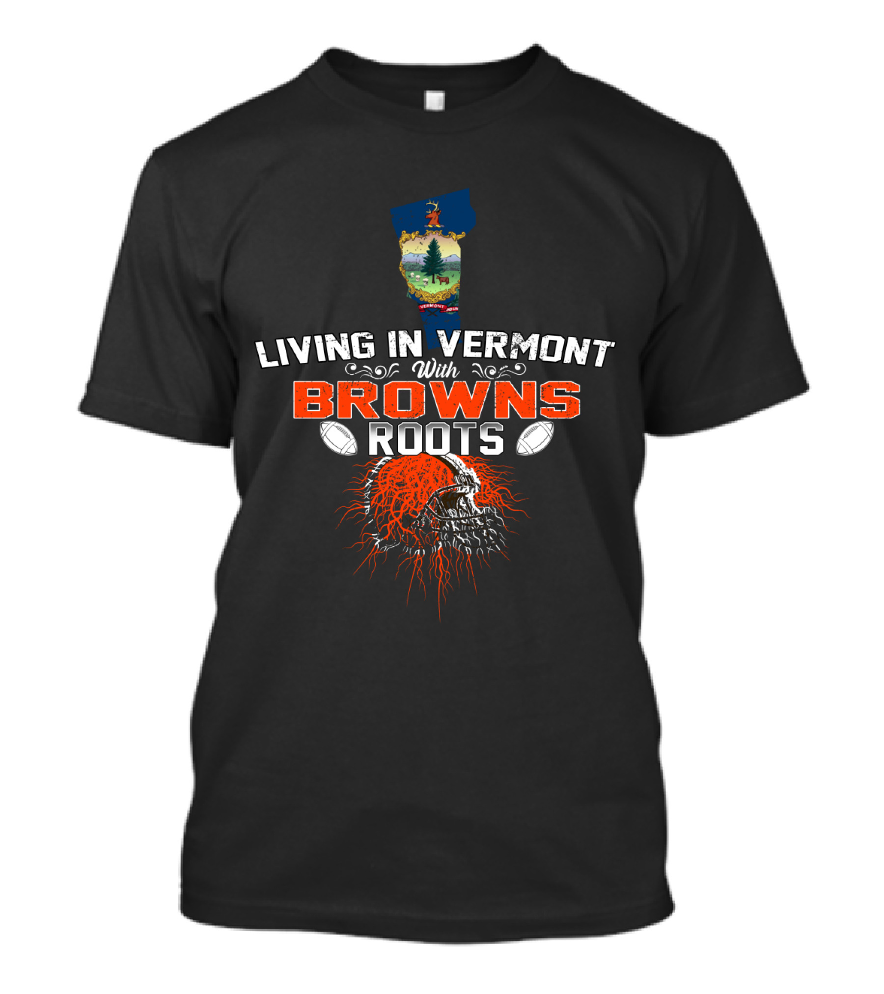 Living In Vermont With Browns Roots Vermont Map And Football Helmet T-Shirt