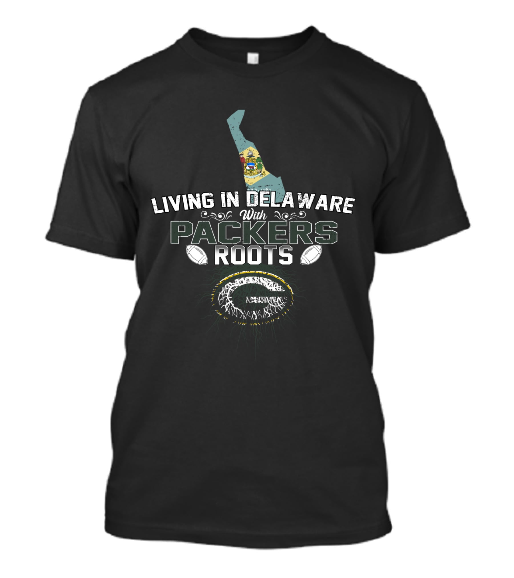 Living In Delaware With Packers Roots Football Heritage Map T-Shirt