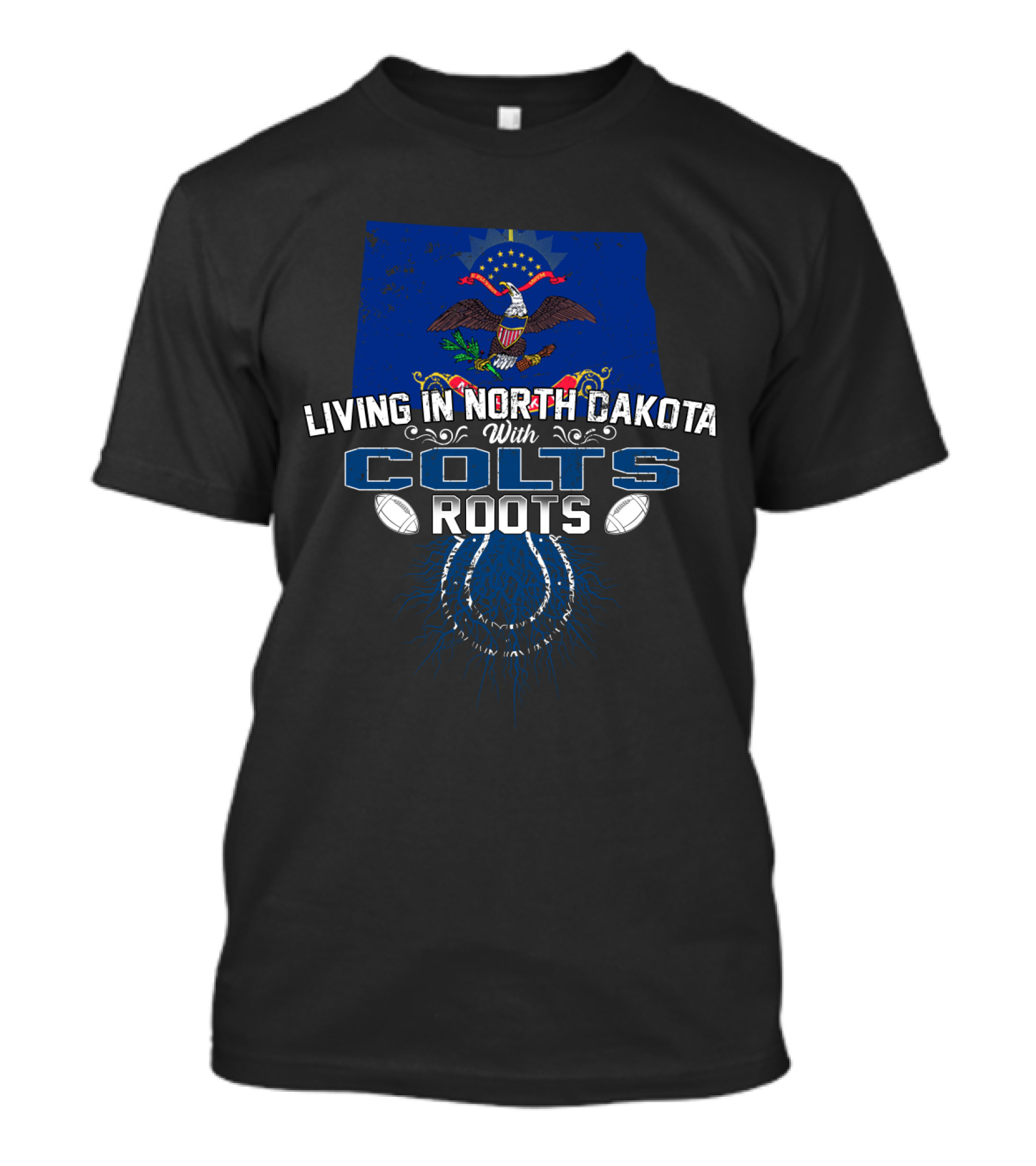 Living In North Dakota Embracing Colts Roots With State And Football Symbols T-Shirt
