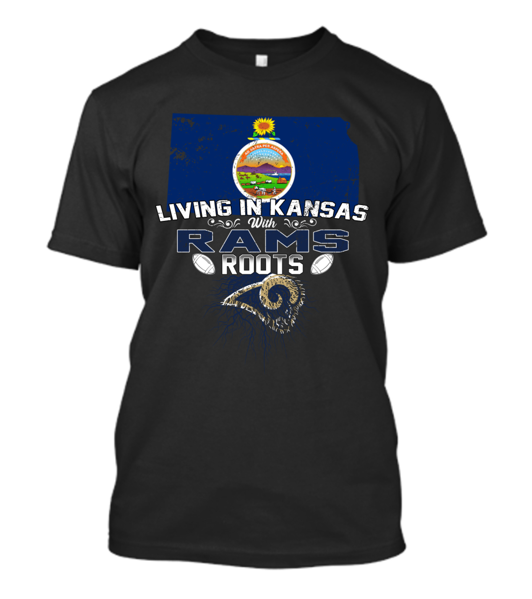 Living In Kansas With Rams Roots Kansas Seal Football Helmet T-Shirt