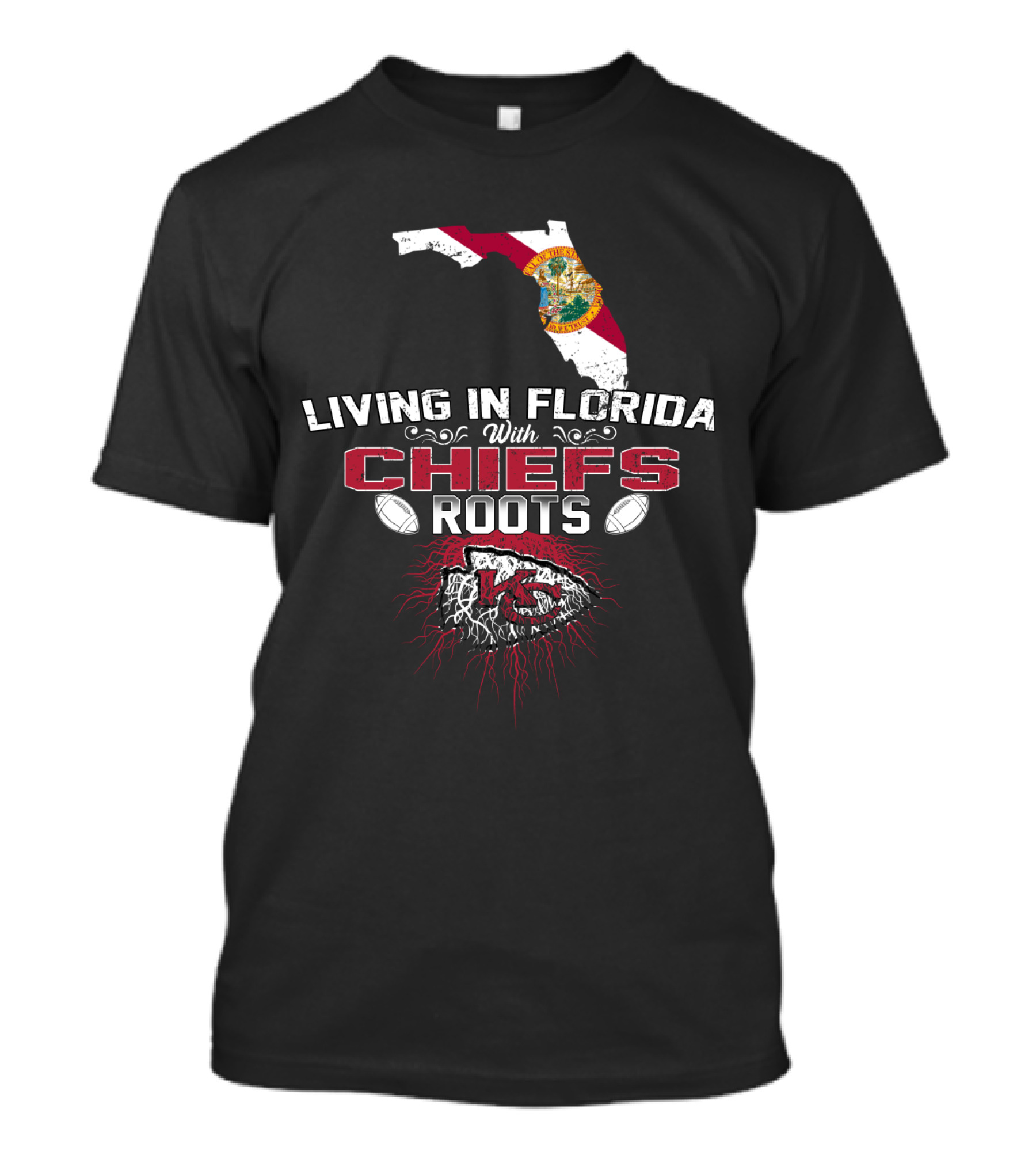 Living In Florida With Chiefs Roots Map And Football Elements T-Shirt