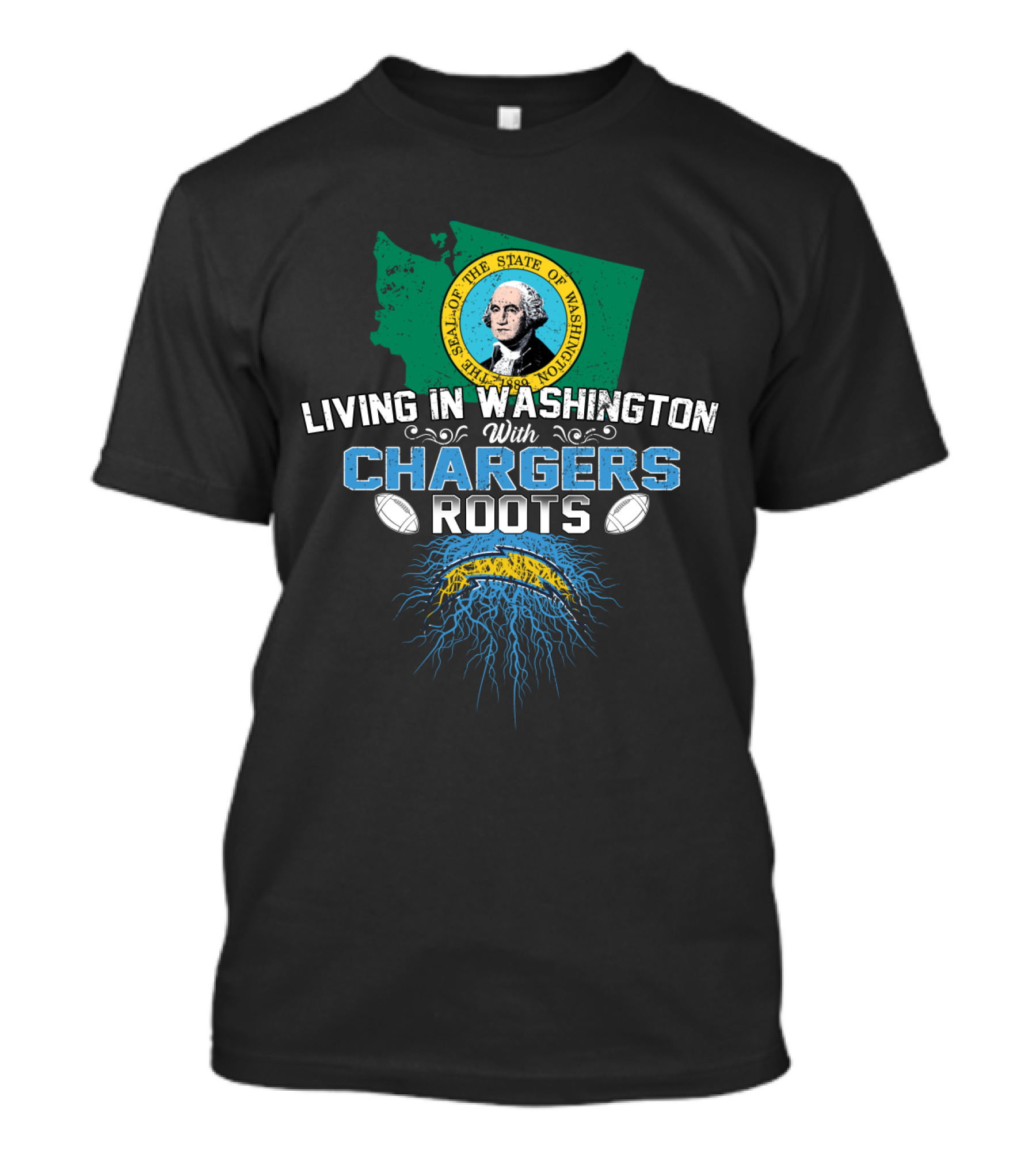 Living In Washington With Chargers Roots Seal Of Washington State Football T-Shirt