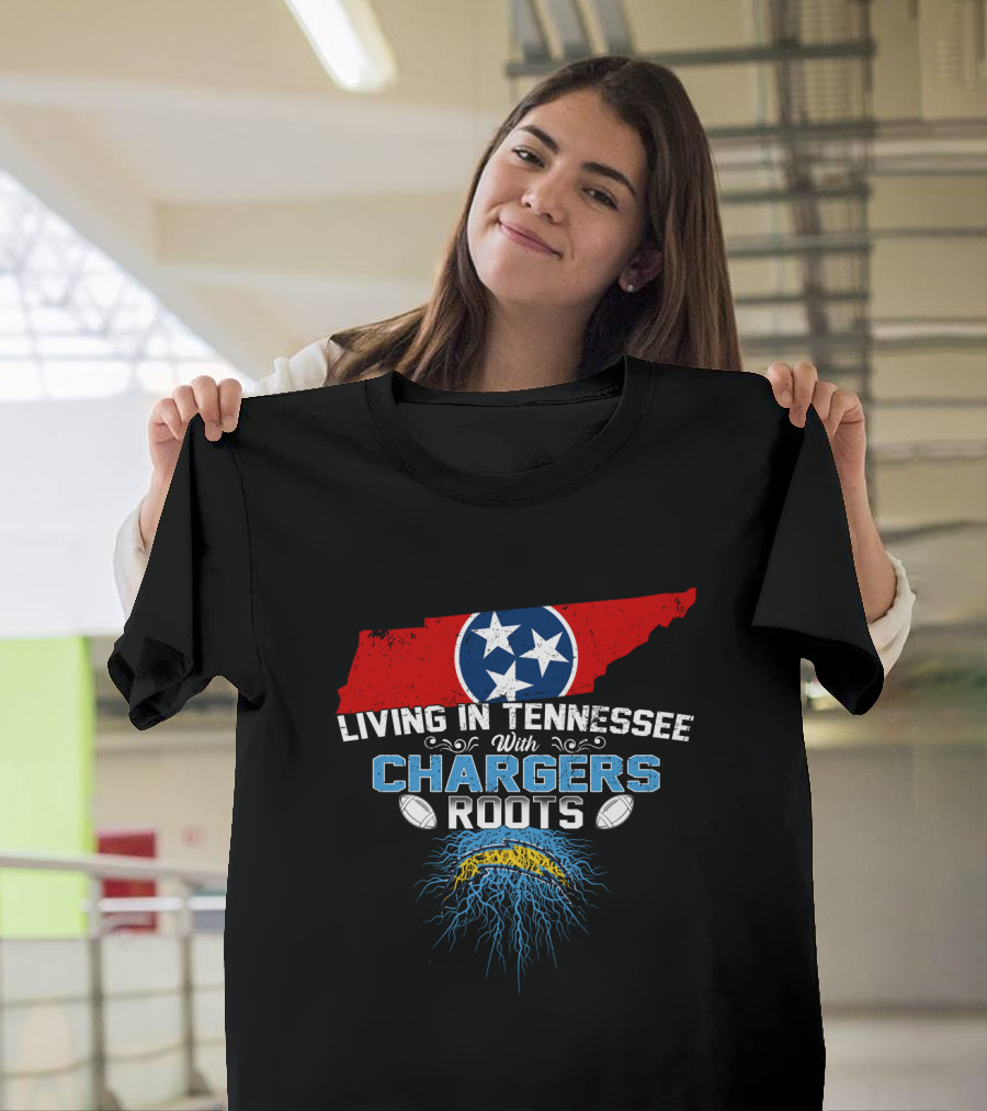 Living In Tennessee With Chargers Roots Tennessee Flag Football Theme Electric Bolt T-Shirt