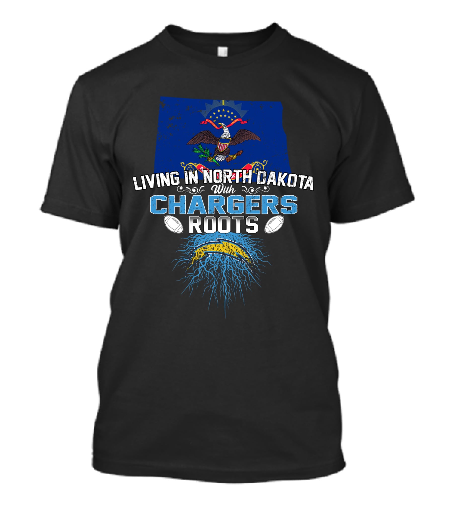 Living In North Dakota With Chargers Roots Flag And Helmet T-Shirt