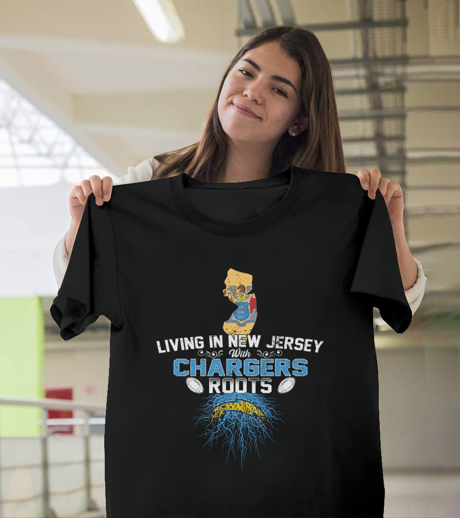 Living in New Jersey with Chargers Roots Map and Football T-Shirt