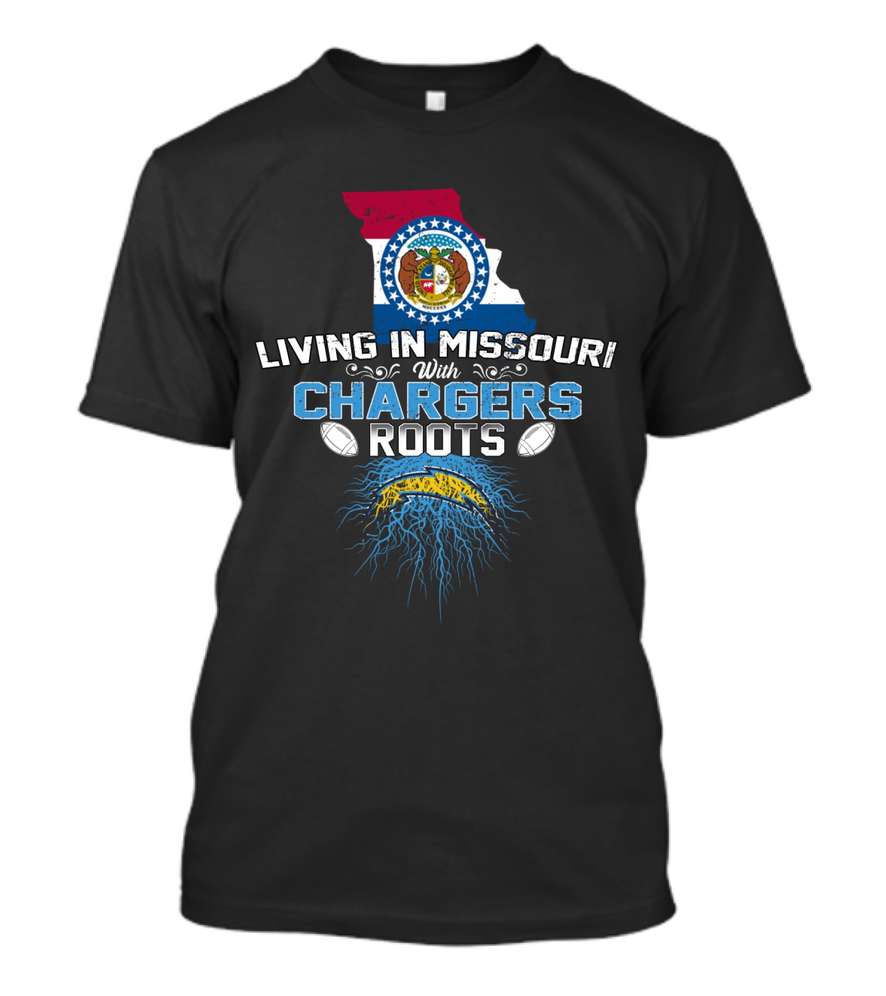 Living In Missouri With Chargers Roots Missouri Map And Football T-Shirt