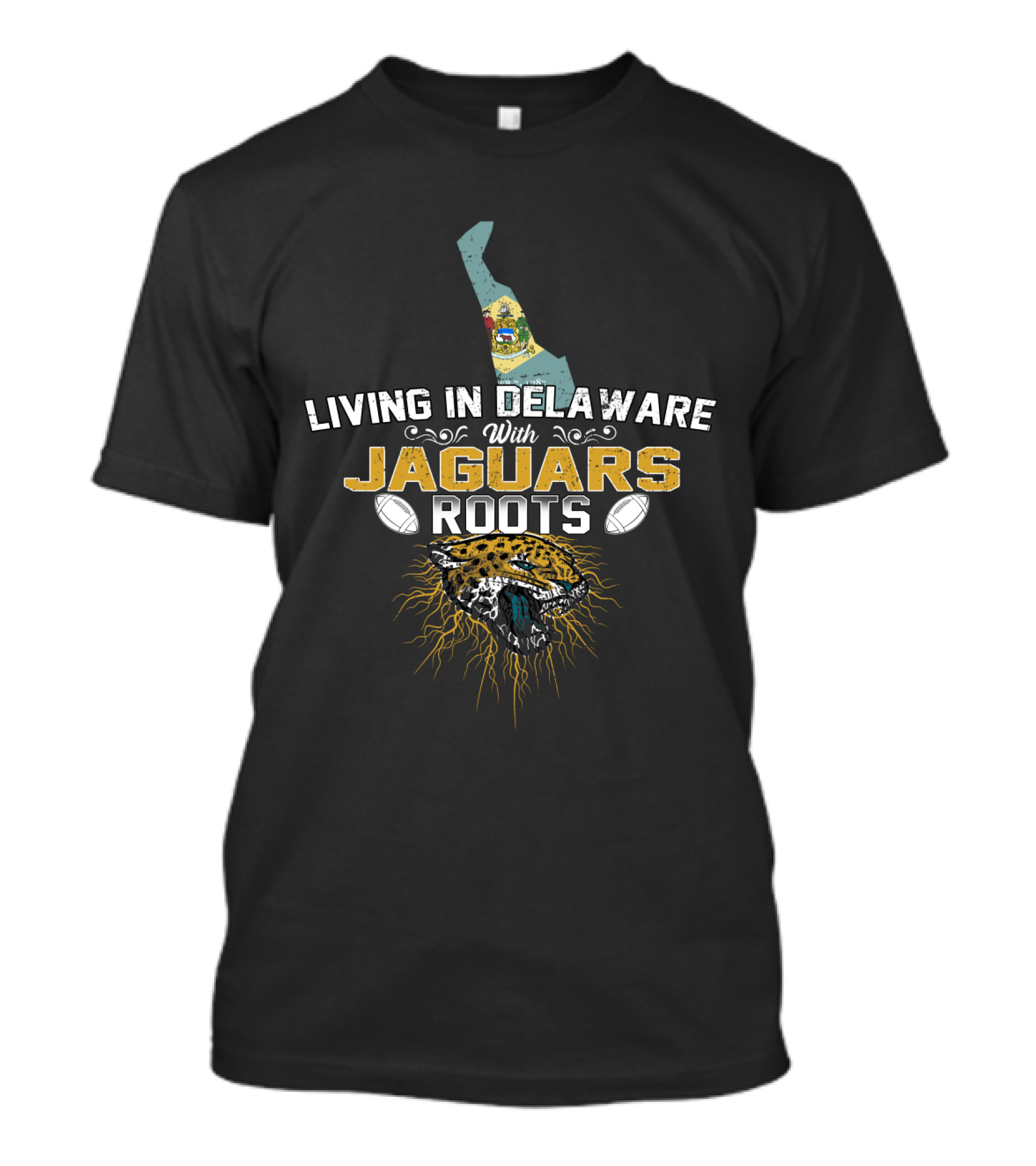 Living In Delaware Jaguar Football Roots Map And Wildcat Head T-Shirt