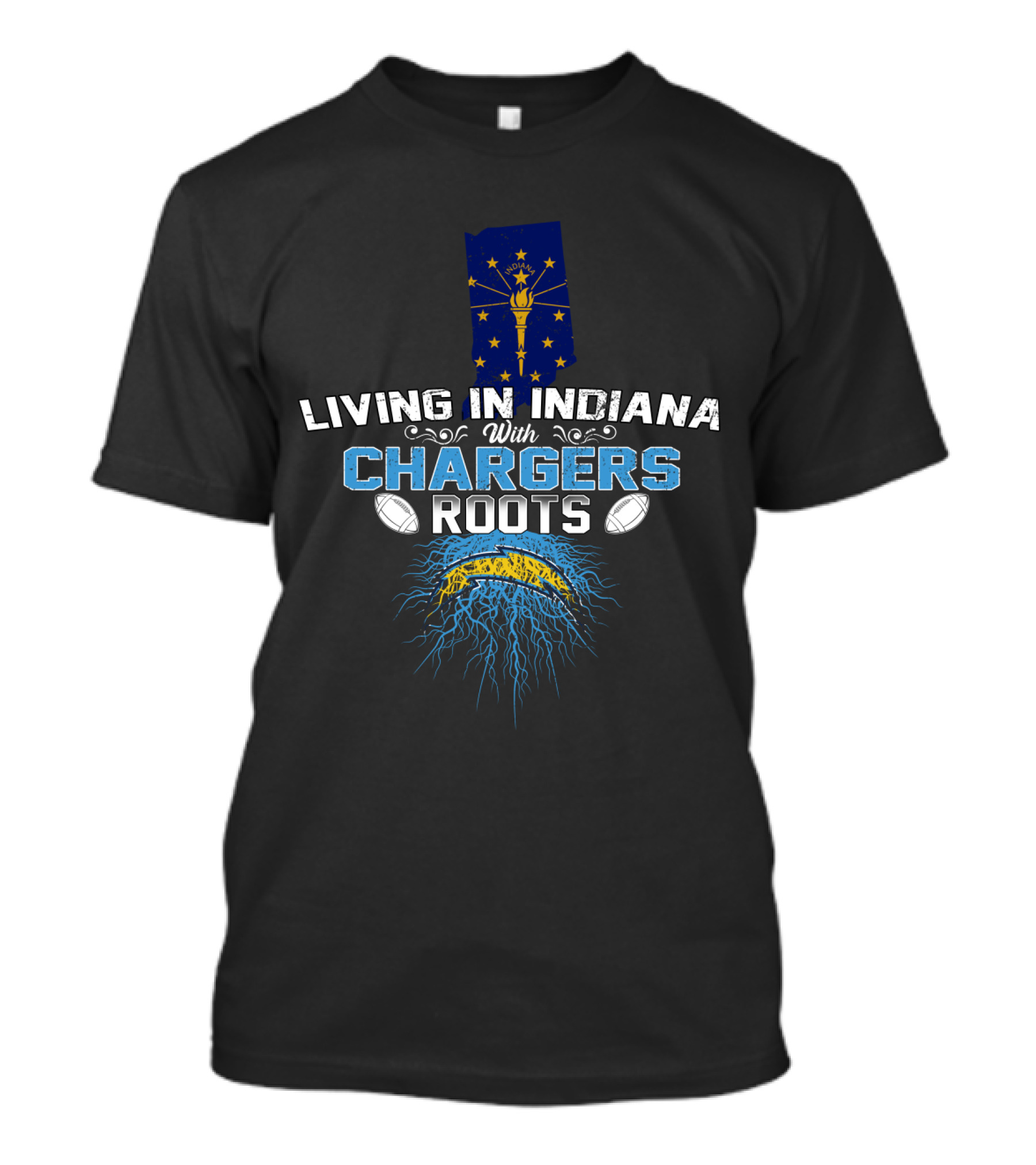 Living In Indiana With Chargers Roots Indiana State Flag Football Helmet Roots T-Shirt