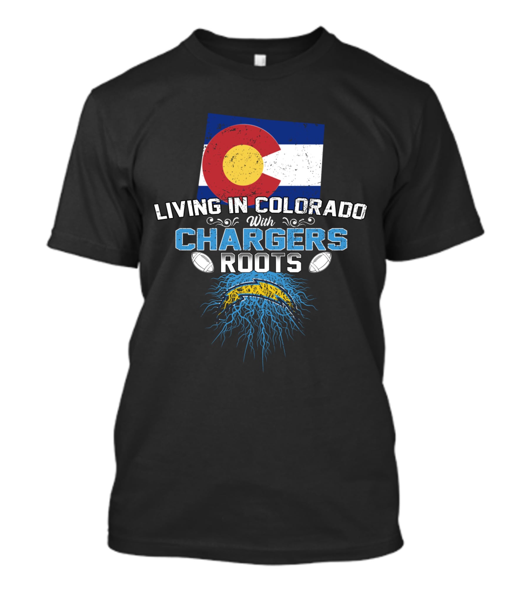 Living In Colorado With Chargers Roots Flag Football Heritage T-Shirt