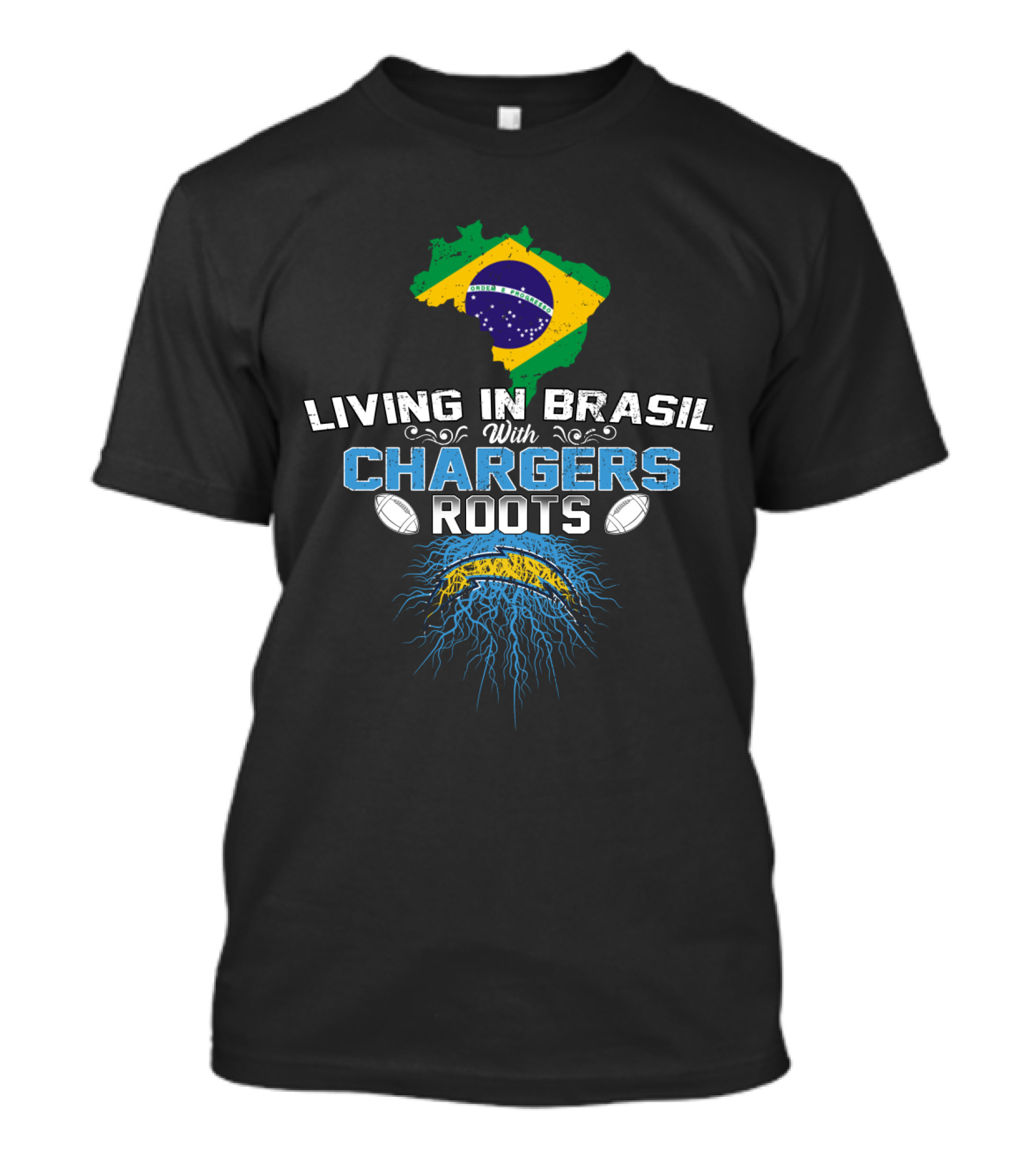 Living In Brasil With Chargers Roots Brazil Map Flag And Football Elements T-Shirt