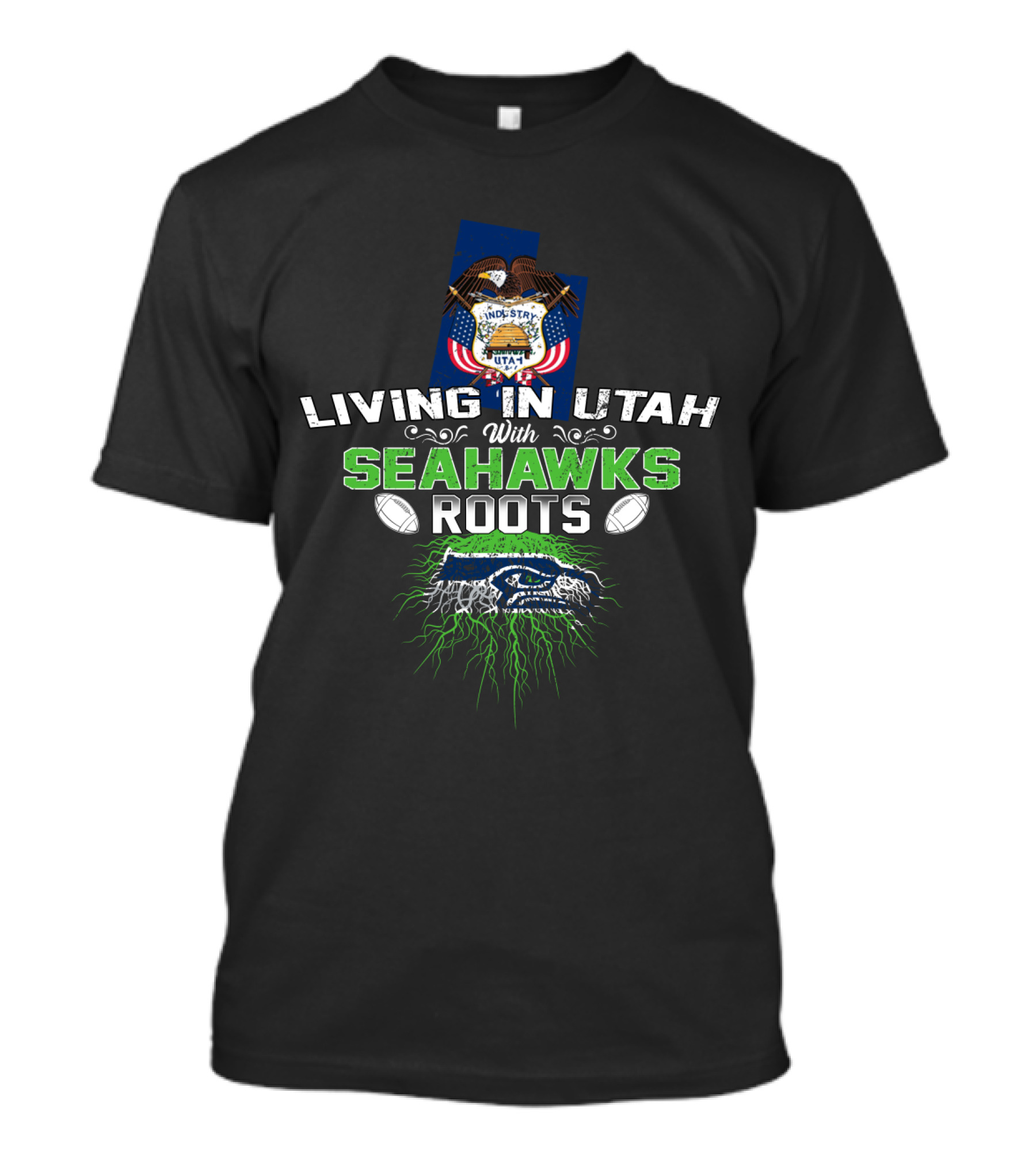 Living In Utah With Seahawks Roots And Utah State Flag With Football Elements T-Shirt