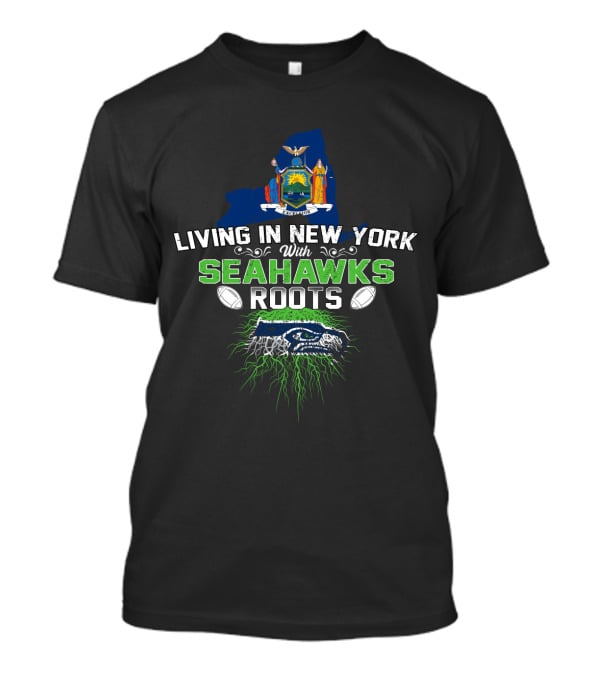 Living In New York With Seahawks Roots New York State Outline Seahawks Logo Footballs T-Shirt