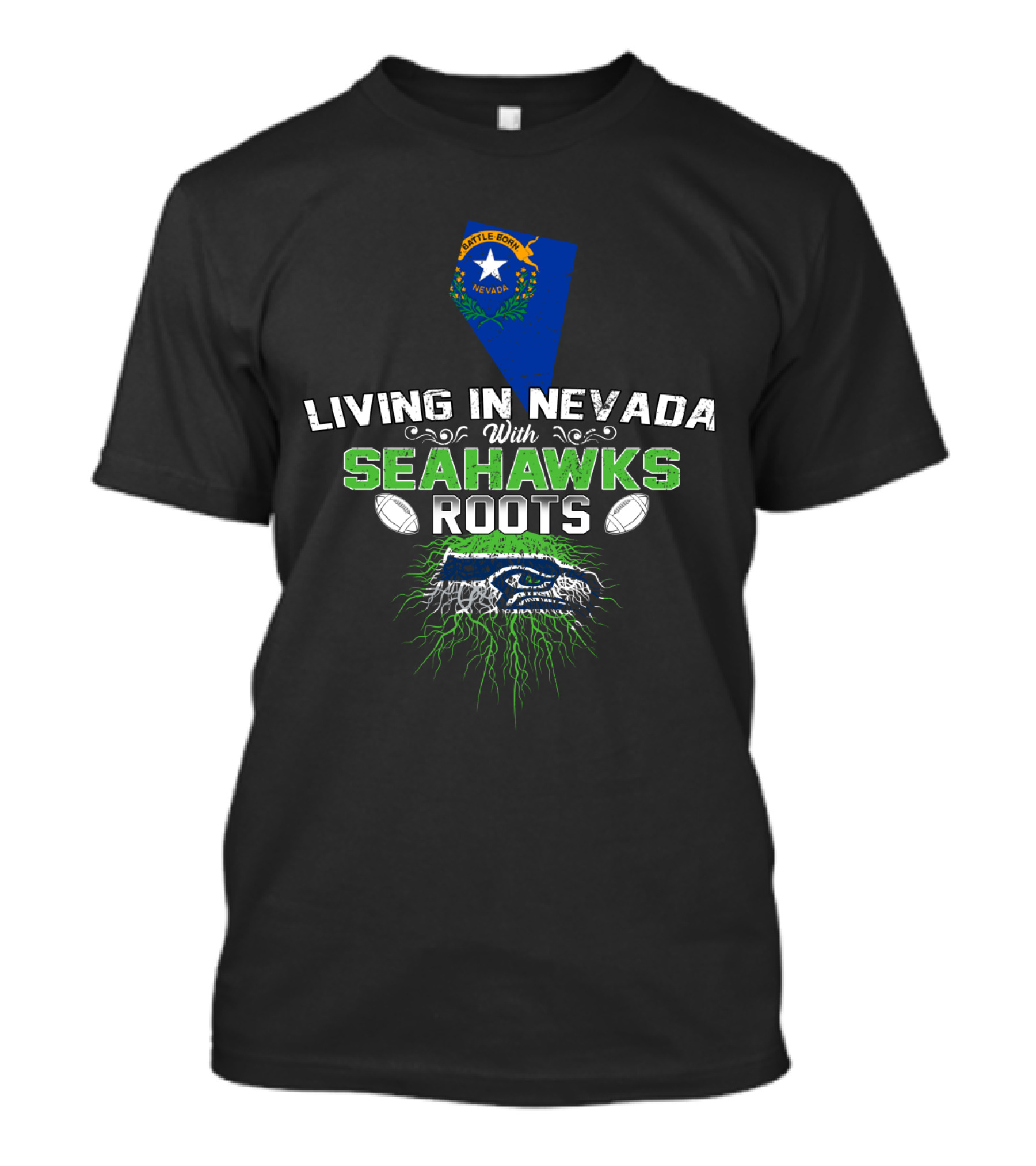 Living In Nevada With Seattle Seahawks Roots, Nevada Flag And Logo Elements T-Shirt