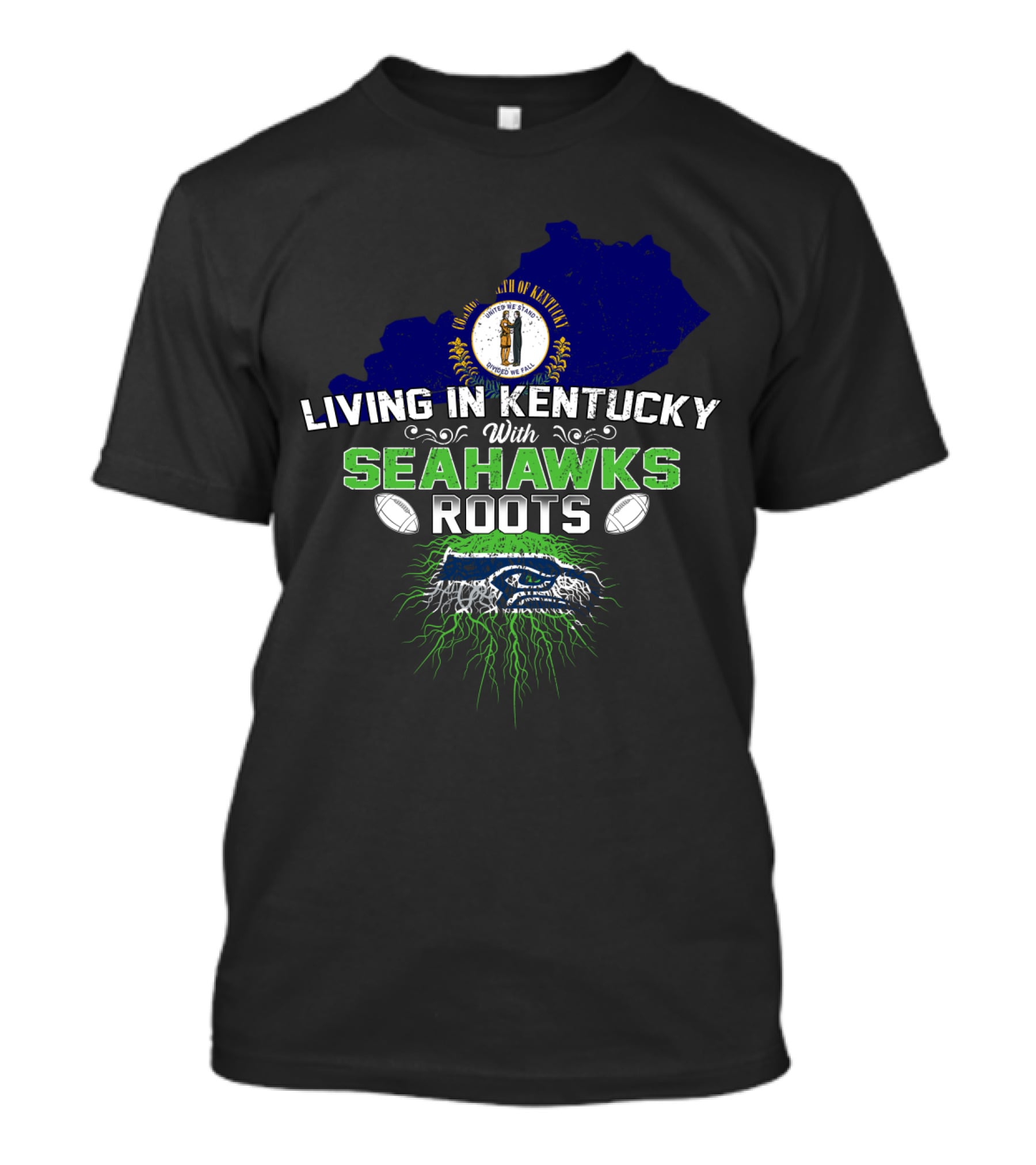 Living In Kentucky With Seahawks Roots Crest And Map Elements T-Shirt