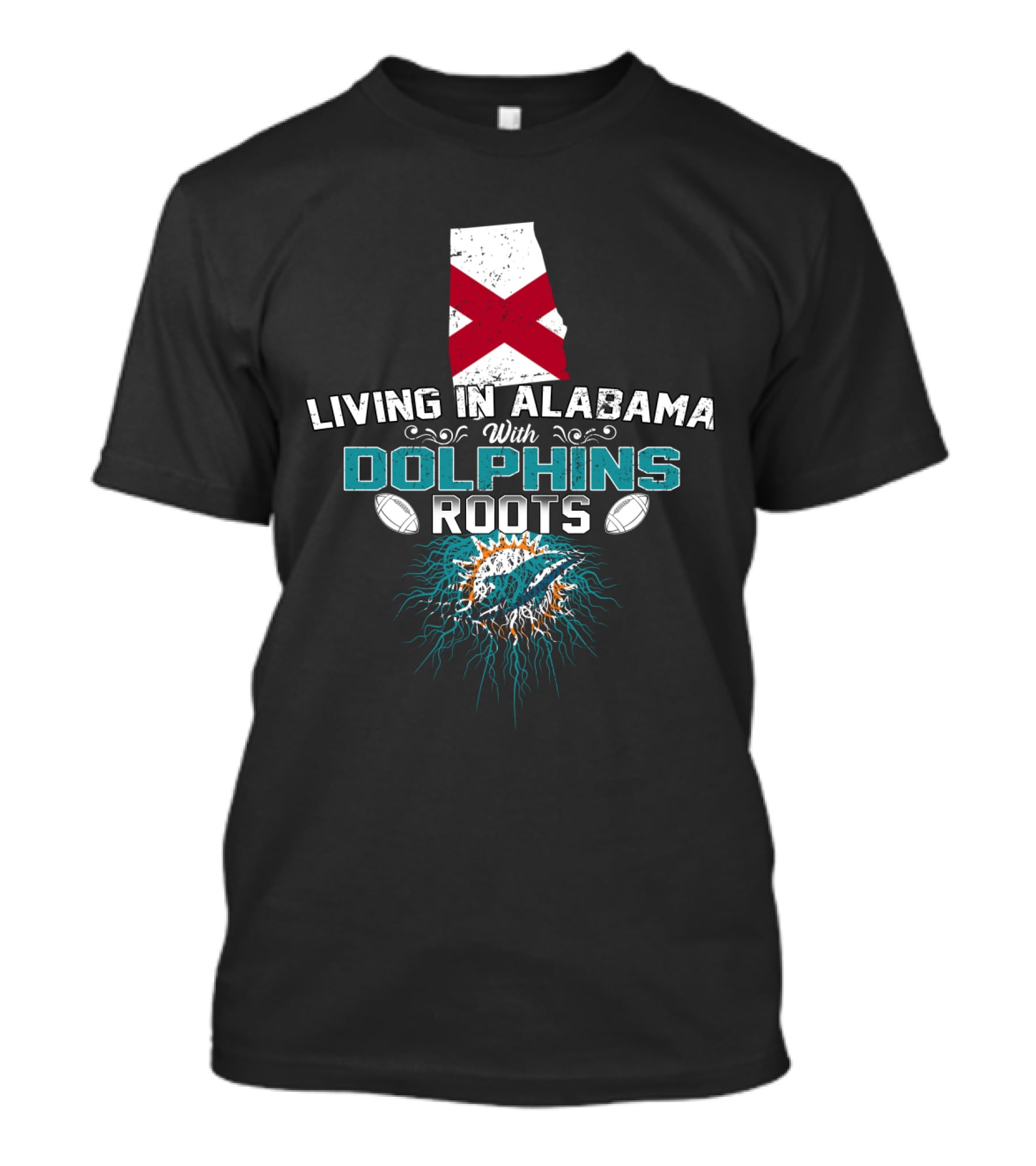 Living In Alabama With Miami Dolphins Roots And Alabama State Flag T-Shirt