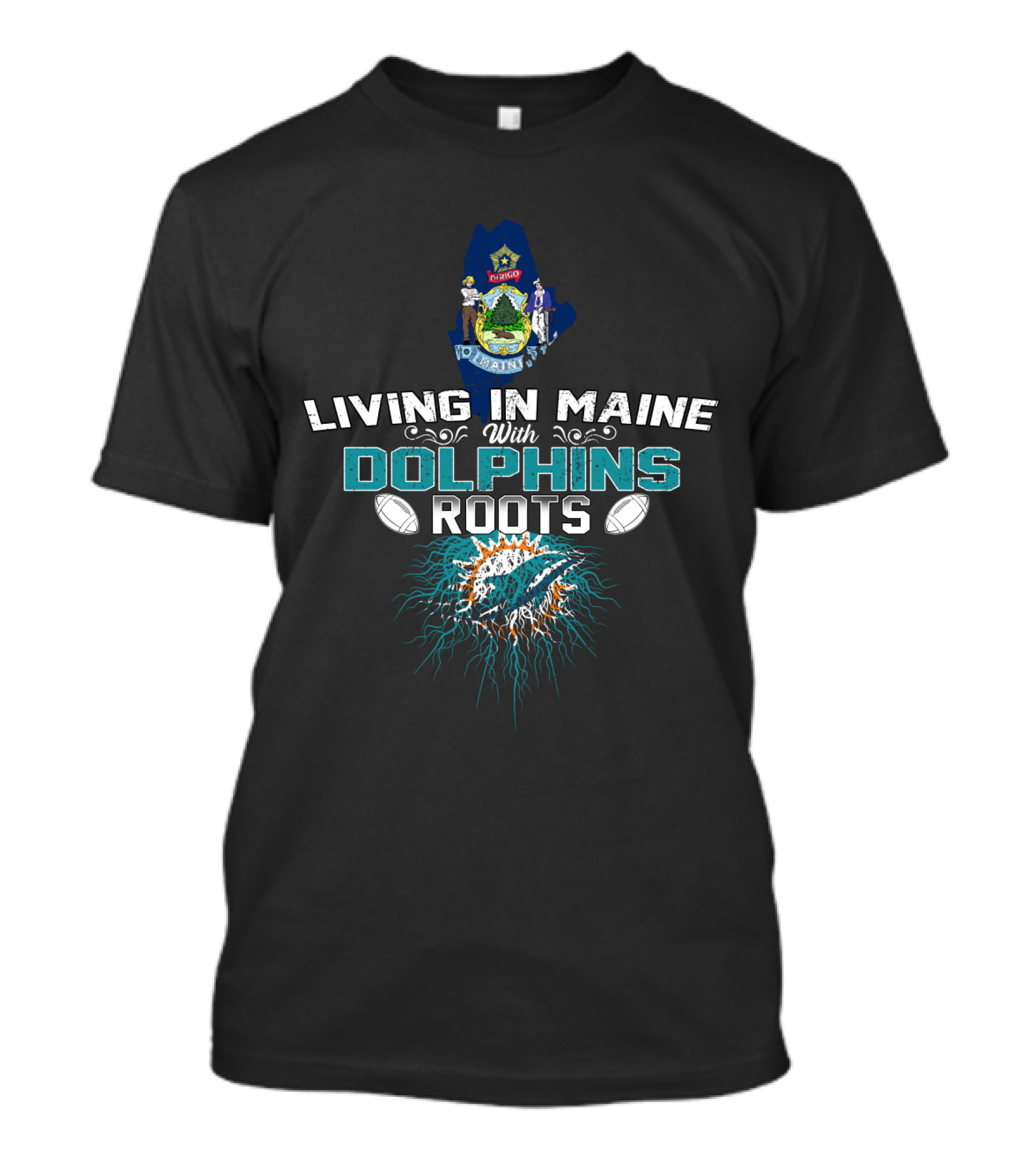 Living In Maine With Dolphins Roots Maine Seal Miami Dolphins T-Shirt