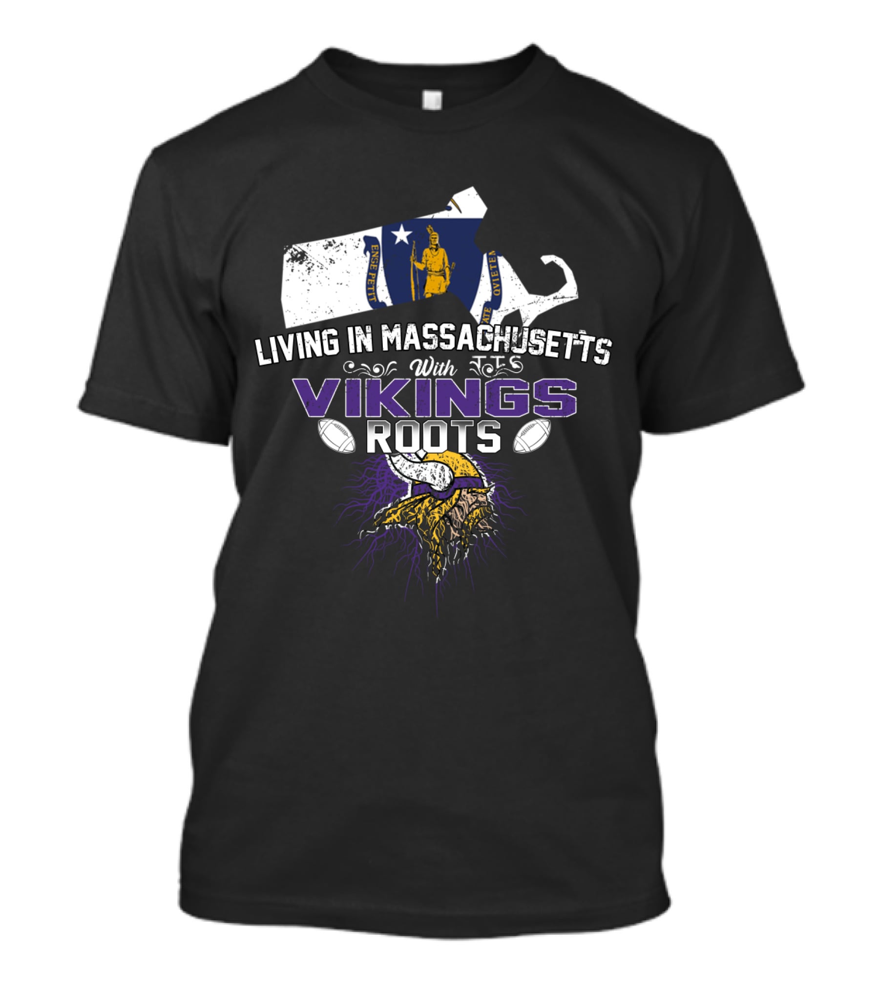 Living In Massachusetts With Vikings Roots Nordic Heritage Football Motif T-Shirt