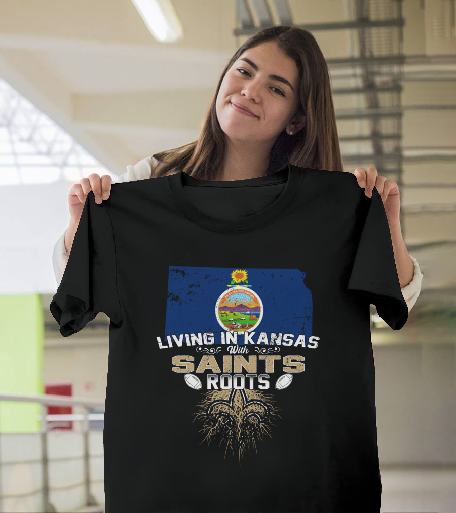 Living In Kansas With Saints Roots Kansas Map State Seal Fleur De Lis Football Elements T-Shirt
