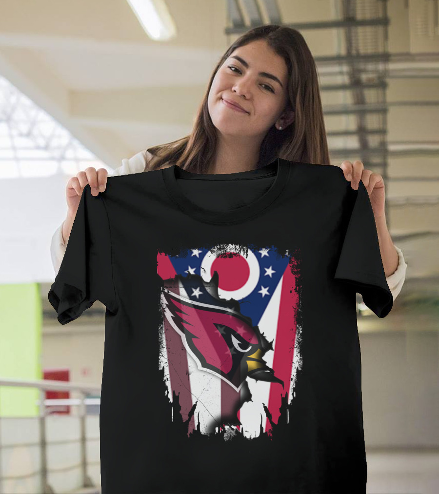 Ohio Flag with Cardinal Bird Logo Together T-Shirt