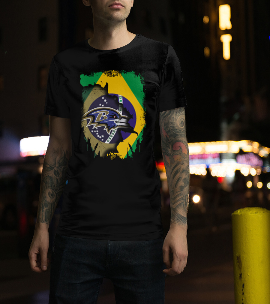 Brazilian Flag With Baltimore Ravens Logo Overlay T-Shirt