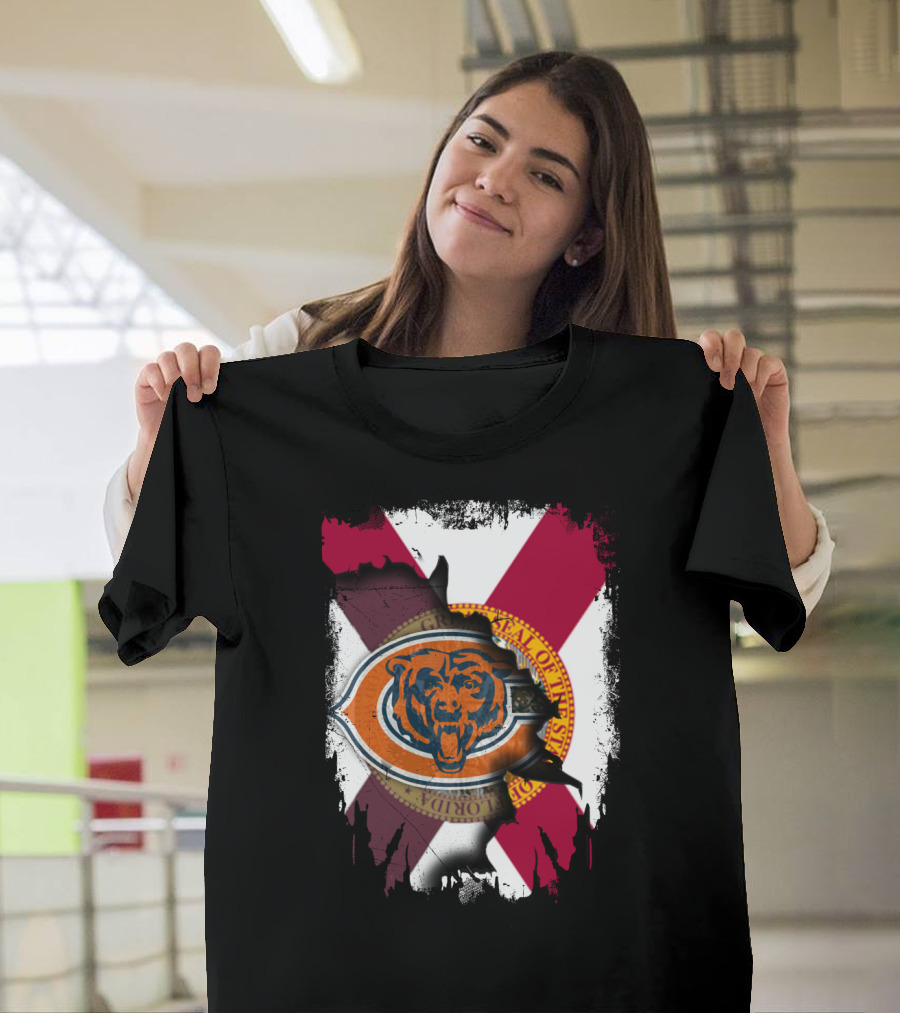 Florida Flag with Chicago Bears Logo Overlay T-Shirt