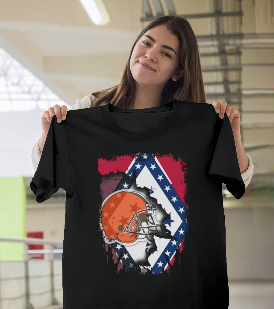 Together Arkansas Flag Tattered with Browns Helmet T-Shirt