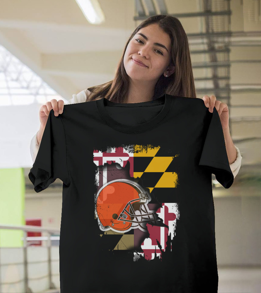 Maryland Flag With Cleveland Browns Helmet T-Shirt