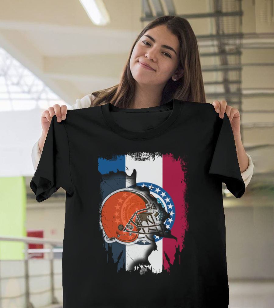 Cleveland Browns Helmet Over Missouri Flag Background T-Shirt
