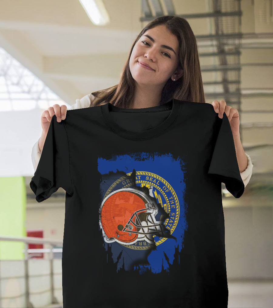 Nebraska State Seal with Browns Football Helmet T-Shirt