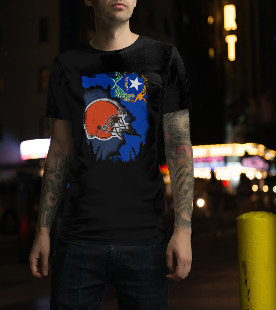 Nevada State Flag With Cleveland Browns Helmet Fusion T-Shirt