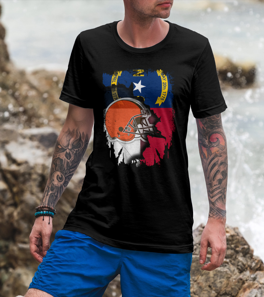 North Carolina State Flag Blended With Cleveland Browns Helmet T-Shirt