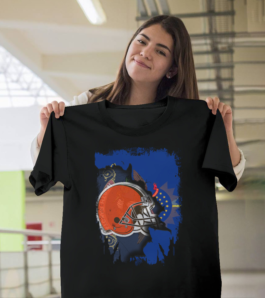 Together North Dakota with Cleveland Browns Helmet and State Flag Elements T-Shirt