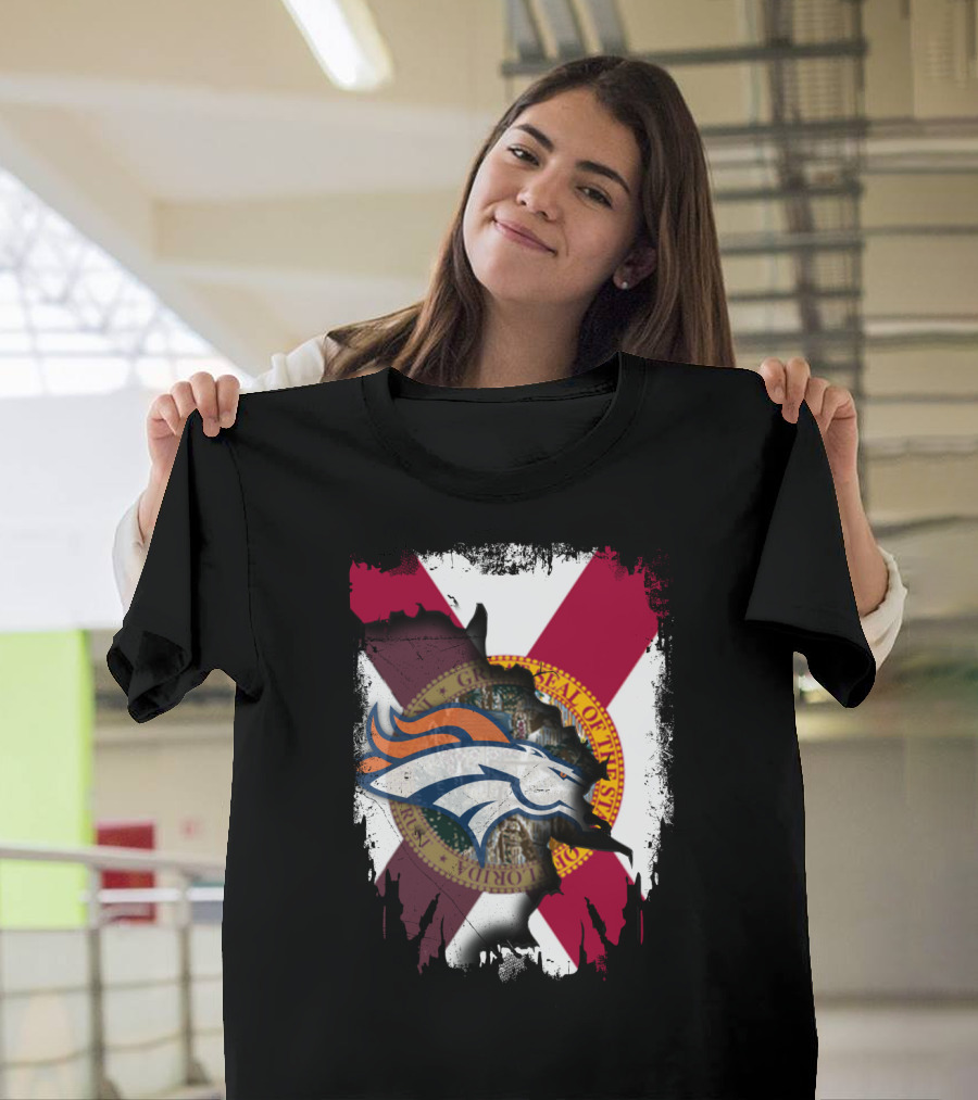 Together Florida With Broncos Logo And State Flag Emblem T-Shirt