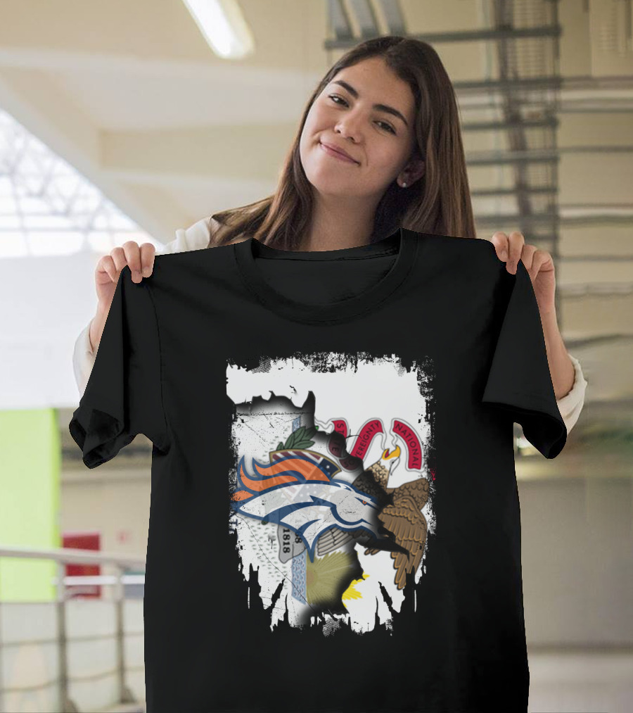Illinois Flag Background with Denver Broncos Logo Collaboration T-Shirt