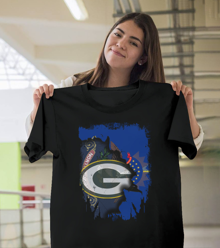 Green Bay Packers Logo Overlaid On North Dakota Flag T-Shirt