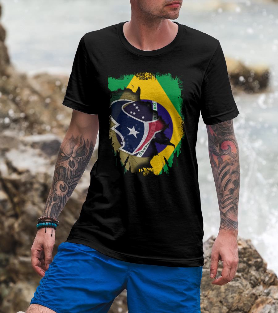 Brazilian Flag And Texans Logo Integration: Together Brazil With Texans T-Shirt