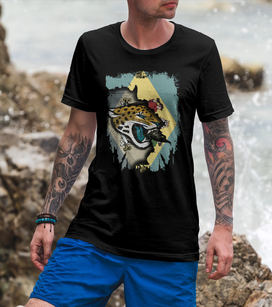 Delaware State Flag With Jacksonville Jaguars Logo Fusion T-Shirt