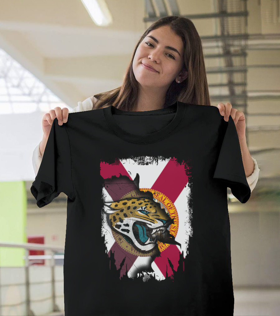Florida State Flag with Jaguars Roaring Emblem Together T-Shirt