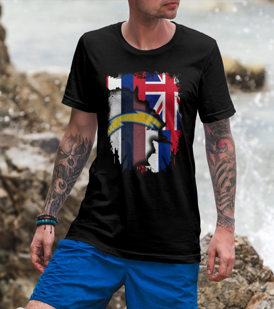 Hawaii Support With Chargers Logo And Hawaiian Flag Background T-Shirt