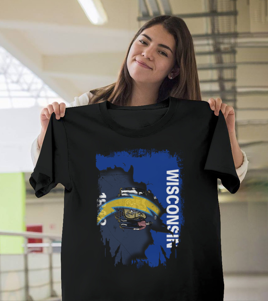 Wisconsin State Outline with Chargers Bolt and Seal T-Shirt