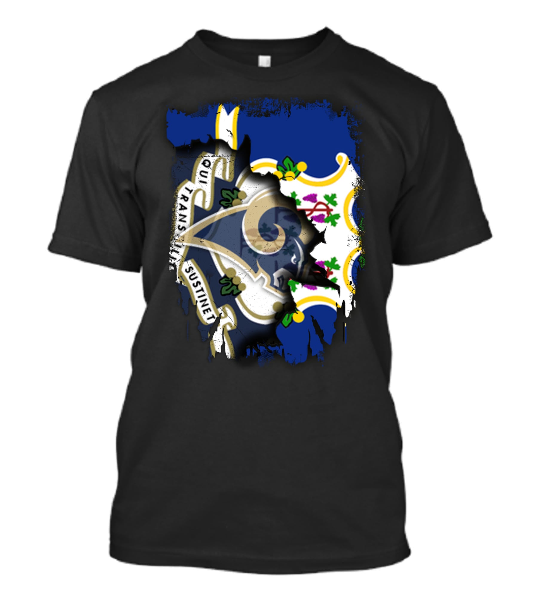 Connecticut Flag And Rams Logo Overlap Qui Transtulit Sustinet T-Shirt
